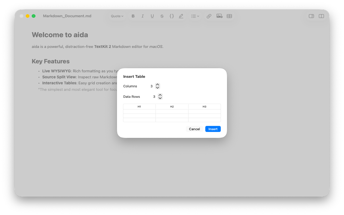 aida Native Table Creation Dialog